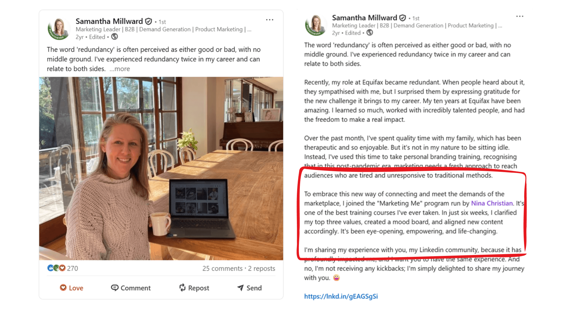 One of Samantha's LinkedIn posts