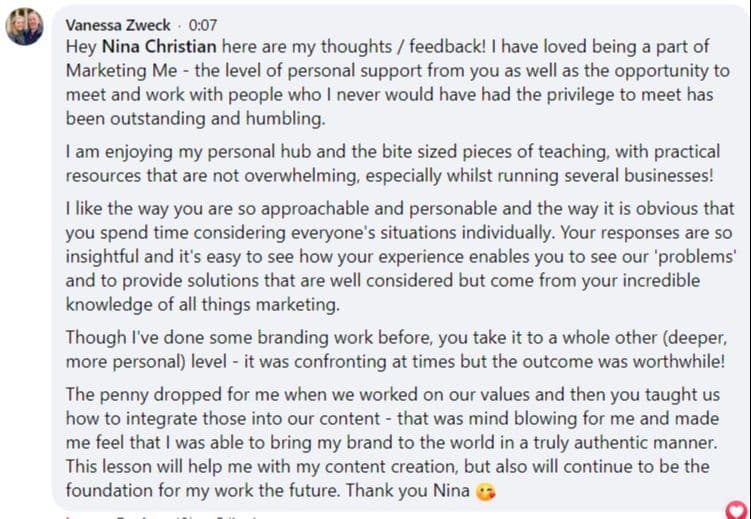 Testimonial from Vanessa Zweck